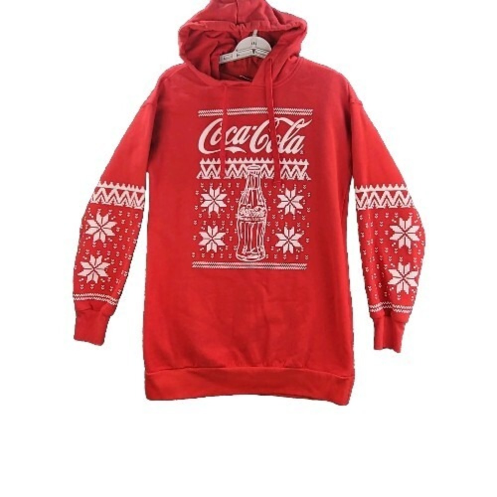 VTG Coca Cola Sweater Red‎ White Womens XS Pullover Hoodie Christmas Drawstrings